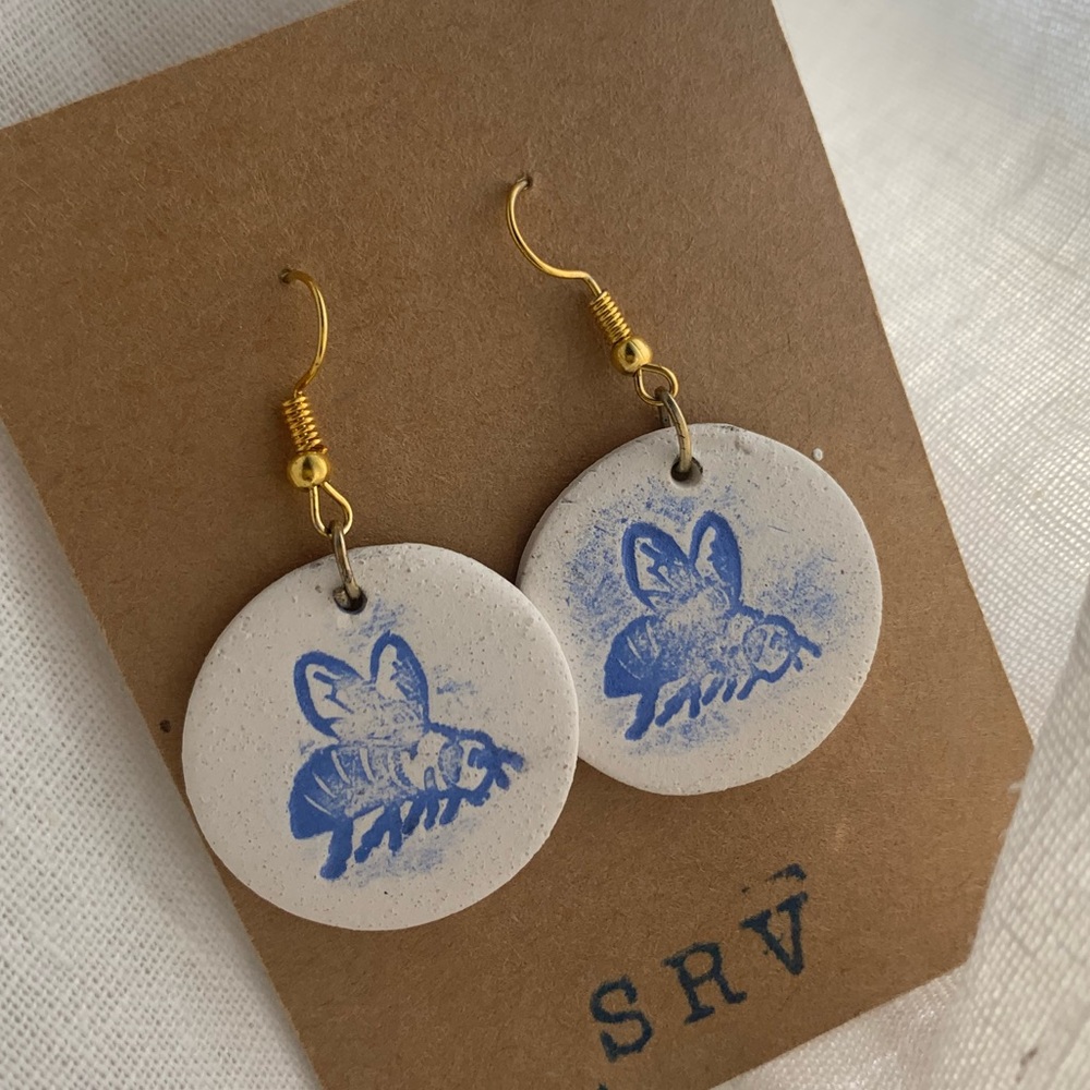 Blue Bumble Bee Hand made stoneware ceramic earrings